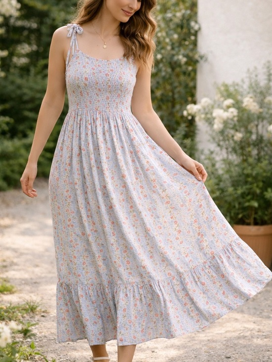 Japna Dresses & Skirts - Romantic Floral Maxi Dress Blue Cottagecore Smocked Boho Summer Cottagecore S